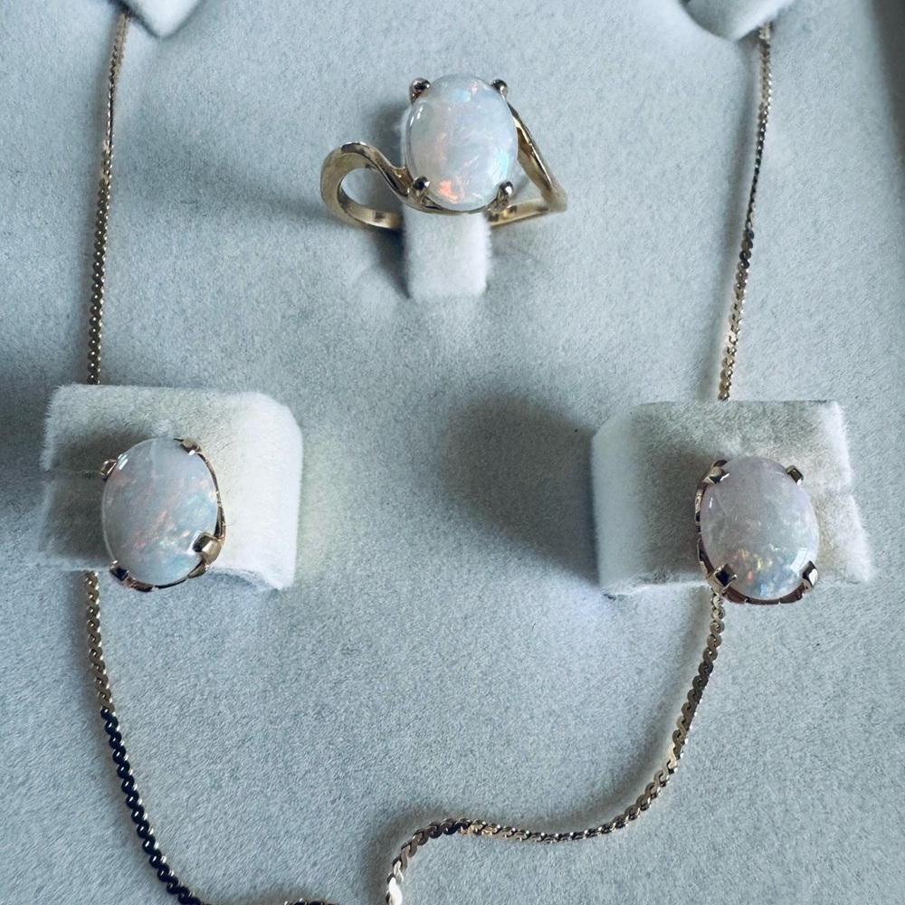 Vintage Opal 14K Jewelry Set Necklace Pendant Ring Earrings Oval Cabochon - Picture 4 of 6